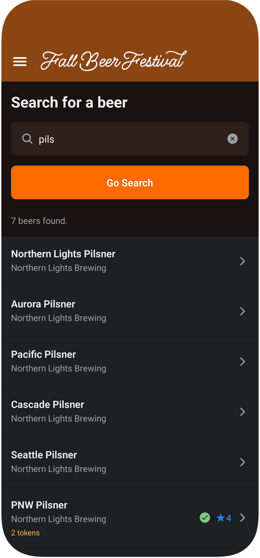 Festival app screen searching for a beer by keyword