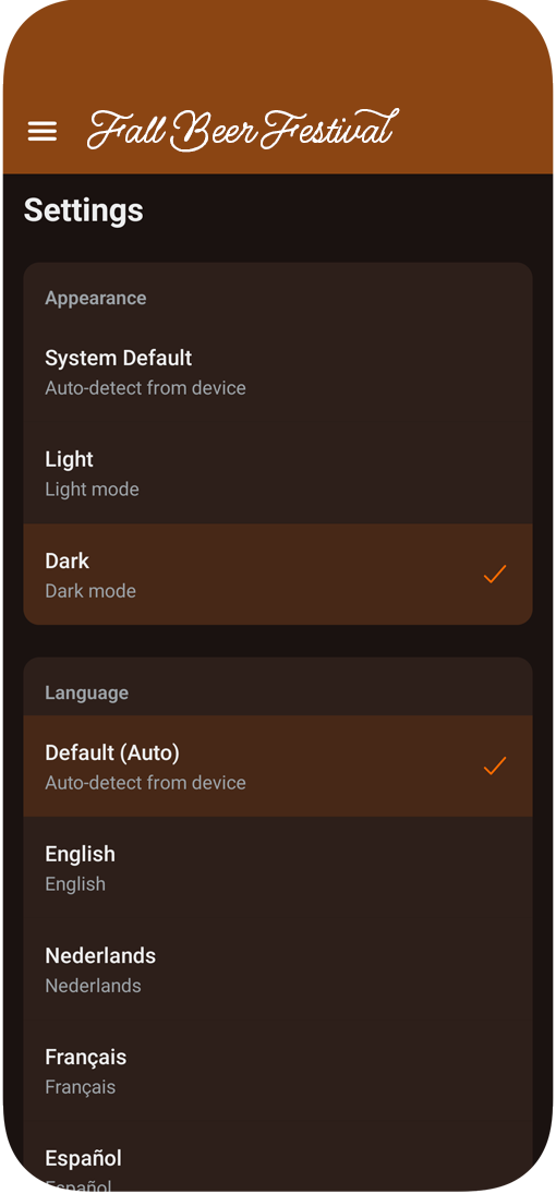 Festival app settings screen with appearance and language options